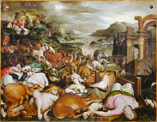 Noé, a sua família e todos os animais a saírem da Arca (pintura sobre tela)