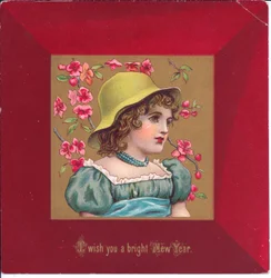 Um, vitoriano, cartão natal, de, um, menina, vestido, em, regency, roupas, segurando, um, buquê flores, c.1880