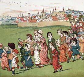 Uma multidão de mães e filhos a fugir da aldeia. Ilustração de Kate Greenaway (1846-1901) do livro de contos e rimas infantis para crianças "Under The Window" (1879), editado por Edmund Evans.