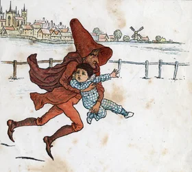 Um duende leva uma criança pequena. Ilustração de Kate Greenaway (1846-1901), do livro infantil "Under The Window" (1879), editado por Edmund Evans.