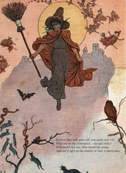 Uma bruxa e a sua vassoura rodeadas de gatos pretos, morcegos e corujas. (Meninos e meninas, podem vir e cavalgar comigo na minha vassoura?) Ilustração de Kate Greenaway (1846-1901) do livro de contos e rimas infantis "Under The Window" para crianças