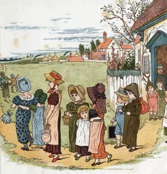 Fora da escola. Ilustração de Kate Greenaway (1846-1901) do livro de contos e rimas infantis para crianças "Under The Window" (1879), editado por Edmund Evans.