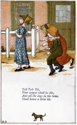 A tua língua será cortada: Ilustração de Kate Greenaway (1846-1901) para um livro de rimas infantis. Cromolitografia