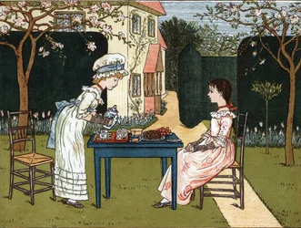 Hora do dia: duas jovens raparigas a prová-lo num jardim. Ilustração de Kate Greenaway (1846-1901), do livro de contos e rimas infantis "Under The Window" (1879), editado por Edmund Evans.