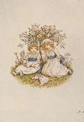 Duas meninas, com, bonecas, sentando, sob, um, roseira, 19o século