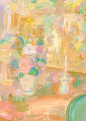 Pintura impressionista de flores e uma vela