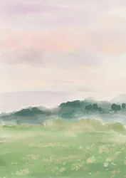 Campos enevoados ao amanhecer