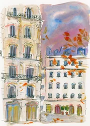 Esquina numa rua de Paris com um céu roxo