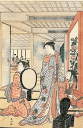 Mulher em frente ao espelho, por Katsukawa Shunsho (1726-1792), Civilização japonesa do Japão