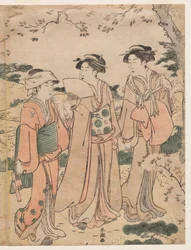 Mulheres vendo as flores de cerejeira em Asukayama
