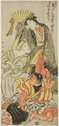 O ator Ichikawa Komazô III como Nyosan no Miya (A Terceira Princesa), Ukare Zatô (Um Cego de Rua), e Sakata no Kaidô-maru em "Festival de verão Expandido" ("Zôho natsu matsuri")