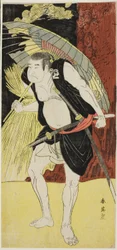 Os actores Mimasu Tokujirô I como Hayano Kampei (à esquerda) e Nakayama Kojûrô VI como Ono Sadakurô (à direita) em "Tesouro dos 47 Leais Retentores" ("Kanadehon chûshingura")