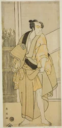 O ator Ichikawa Monnosuke II como Hiranoya Tokubei () na peça Waka Murasaki Edokko Soga (), representada no Teatro Ichimura () no terceiro mês de 1792 ()