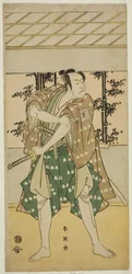 O ator Ichikawa Omezo I como o barqueiro Takihei () na peça Ofunamori Ebi no Kaomise (), representada no Teatro Kawarazaki () no décimo primeiro mês de 1792 ()