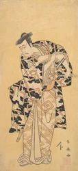 O ator Ichikawa Yaozo III como Fuwa Banzaemon em um Thunder Robe, brincando com um ventilador, 1794.