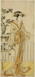 O ator Iwai Hanshiro IV como Okumi da Loja de Fãs Mieido () na peça Sanjuk-koku Yobune no Hajimari (), representada no Teatro Ichimura () no quinto mês de 1789 ()