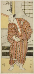O ator Kataoka Nizaemon VII como Hayakawa Matabei () na peça Furiwake-gami Aoyagi Soga (), representada no Teatro Miyako () no primeiro mês de 1796 ()