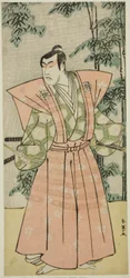 O ator Matsumoto Koshiro IV como Hatakeyama Shigetada disfarçado de Honjo Soheiji () na peça Edo no Fuji Wakayagi Soga (), representada no Teatro Nakamura () no primeiro mês de 1789 ()