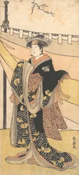 O ator Nakayama Tomisaburo como uma mulher em um piquenique sob árvores de bordo de outono, ca. 1792.
