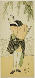 O ator Sawamura Sojuro III como Ume no Yoshihei na peça Suda no Haru Geisha Katagi, representada no Teatro Kiri no primeiro mês de 1796