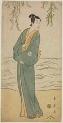O ator Segawa Kikunojo III como Chokichi na peça Suda no Haru Geisha Katagi, representada no Teatro Kiri no primeiro mês de 1796