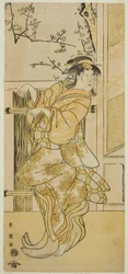 O ator Segawa Kikunojo III como Kojoro-gitsune (Raposa) disfarçado de Omiki na peça Komachi-mura Shibai no Shogatsu, representada no Teatro Nakamura no décimo primeiro mês de 1789