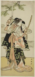 O ator Segawa Kikunojo III como Lady Tomoe (Tomoe Gozen) na peça Yasa Gumbai Miyako no Jindori, representada no Teatro Miyako no décimo primeiro mês, c.1793 (xilogravura a cores; hosoban)