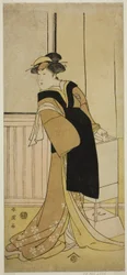 O ator Segawa Kikunojo III como Otoma () na peça Sayo no Nakayama Hiiki no Tsurigane (), representada no Teatro Nakamura () no décimo primeiro mês de 1790 ()