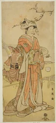 O ator Segawa Kikunojo III como a fada-raposa Otatsu-gitsune disfarçada de Shizuka Gozen na peça Kogane Saku Date no Okida, representada no Teatro Ichimura no décimo primeiro mês de 1792