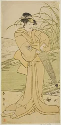 O ator Yamashita Kinsaku II como Okaya na peça Yomogi Fuku Noki no Tamamizu, representada no Teatro Kiri no quinto mês de 1795
