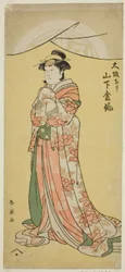 O ator Yamashita Kinsaku II como a criada Tsumagi na peça "Otokyama O-Edo no Ishizue", representada no Teatro Kiri no décimo primeiro mês de 1794