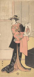 O terceiro Segawa Kikunojo como uma mulher em pé em uma sala, ca. 1793.