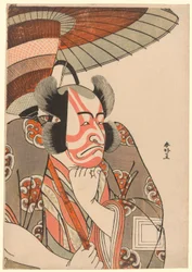 Retrato a meio corpo do ator Ichikawa Danjuro V como Kazusa no Gorobei Tadamitsu no terceiro ato da peça Kitekaeru Nishiki no Wakayaka (Regresso a casa em esplendor), representada no Teatro Nakamura no primeiro dia do décimo primeiro mês de 1780