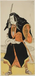 O ator Ichikawa Danjuro V, provavelmente como Ise no Saburo disfarçado de Sanjo Uemon, chefe de um bando de ladrões, na segunda parte da peça Fude-hajime Kanjincho (Primeira caligrafia do Ano Novo: Kanjincho [A lista de subscrição]), representada no