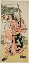 O ator Ichikawa Danjuro V como Kajiwara Genta Kagesue na peça Yuki Nazuna Saiwai Soga, representada no Teatro Kiri no primeiro mês de 1787