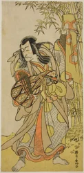 O ator Ichikawa Danjuro V como Kazusa no Akushichibyoe Kagekiyo disfarçado de músico cego da corte (Kengyo) na peça Edo Meisho Midori Soga, representada no Teatro Morita no quarto mês de 1779