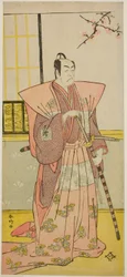 O ator Ichikawa Omezo I como Koyurugi Motomenosuke () na peça Haru no Nishiki Date-zome Soga (), representada no Teatro Nakamura () no primeiro mês de 1790 ()