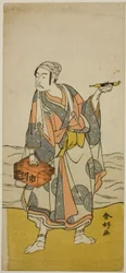 O ator Ichikawa Yaozo II como o barqueiro Jirosaku na peça Oyafune Taiheiki, representada no Teatro Ichimura no décimo primeiro mês de 1775