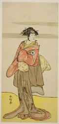 O ator Iwai Hanshiro IV como Hitomaru disfarçado de gueixa Oshun na peça Edo no Hana Mimasu Soga, representada no Teatro Nakamura no terceiro mês de 1783