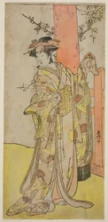 O ator Iwai Hanshiro IV como Kitsune ga Saki Otama () na peça Miyakodori Yayoi no Watashi (), representada no Teatro Kiri () no terceiro mês de 1787 ()