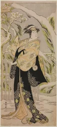 O ator Iwai Hanshiro IV como Lady Yaehata na peça Sanga no Sho Haru no Hanayome, representada no Teatro Kiri no décimo primeiro mês de 1787