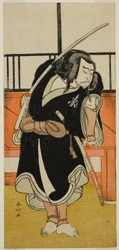 O ator Nakamura Nakazo I como Aso no Matsuwaka () na peça Iro Moyo Aoyagi Soga (), representada no Teatro Nakamura () no segundo mês de 1775 ()