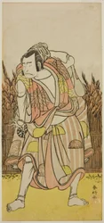 O ator Nakamura Nakazo I como Hachiman Taro Yoshiie () na peça Oshu Adachi ga Hara (), representada no Teatro Nakamura () no quarto mês de 1775 ()