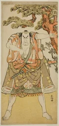 O ator Nakamura Nakazo I como Yakko Nakahei disfarçado de Miura Arajiro () da peça Ise Heishi Eigo no Koyomi (), representada no Teatro Ichimura () no décimo primeiro mês de 1782 ()