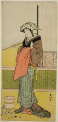 O ator Nakamura Riko I como Moshio () na peça Honda Yayoi Meoto Junrei (), representada no Teatro Ichimura () no sétimo mês de 1778 ()