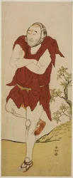 O ator Onoe Matsusuke I como monge mendicante (Gannin Bozu) na peça Keisei Ide no Yamabuki, representada no Teatro Nakamura no quinto mês de 1787