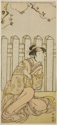 O ator Osagawa Tsuneyo II como Onoe na peça Haru no Nishiki Date-zome Soga, representada no Teatro Nakamura no quarto mês de 1790