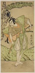 O ator Otani Hiroemon III como Osada no Zenjo Kagemune na peça Izu-goyomi Shibai no Ganjitsu (Primeiro dia de representação do calendário de Izu), representada no Teatro Morita no primeiro dia do décimo primeiro mês de 1772
