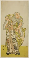 O ator Sakata Hangoro II como Hige no Ikyu na peça Shida Yakata Yotsugi no Hikibune, representada no Teatro Ichimura no quinto mês de 1782