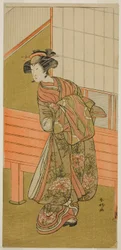 O ator Segawa Kikunojo III como a cortesã Takamura de Onoteruya () na peça Sugata no Hana Yuki no Kuromushi (), representada no Teatro Ichimura () no décimo primeiro mês de 1776 ()